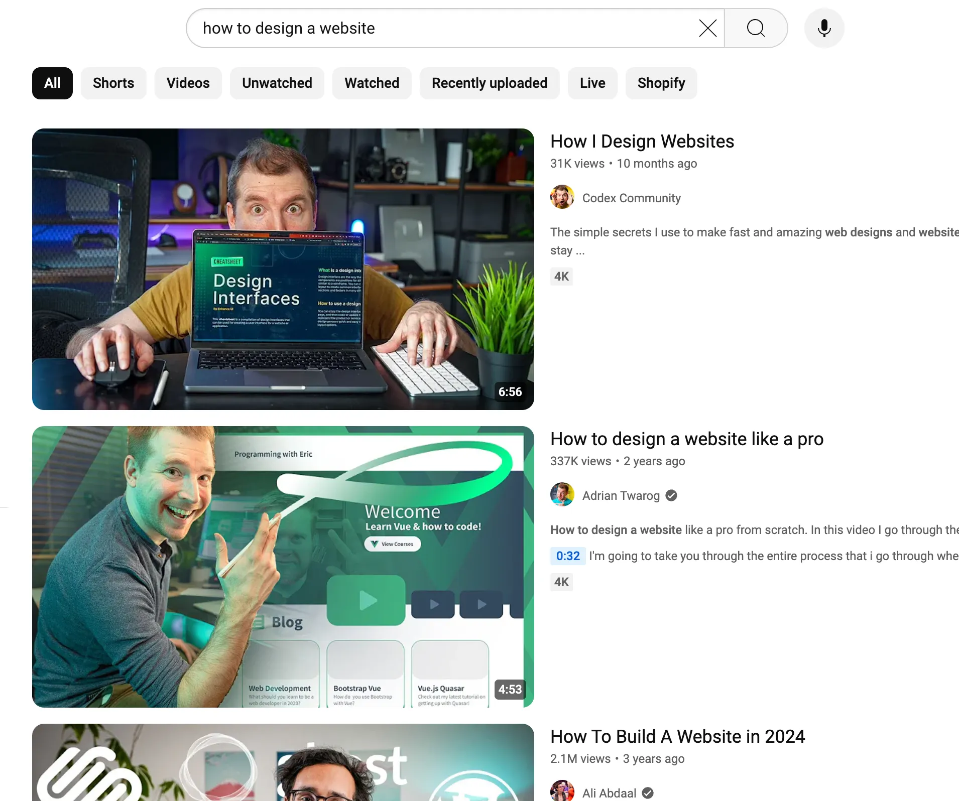 Searching "how to design a website" on youtube